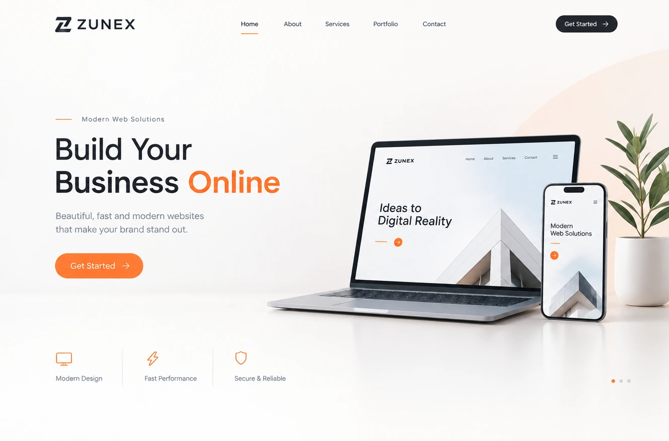ZUNEX Modern Web Solutions: a high-contrast futuristic dark interface with glowing 3D visual elements.