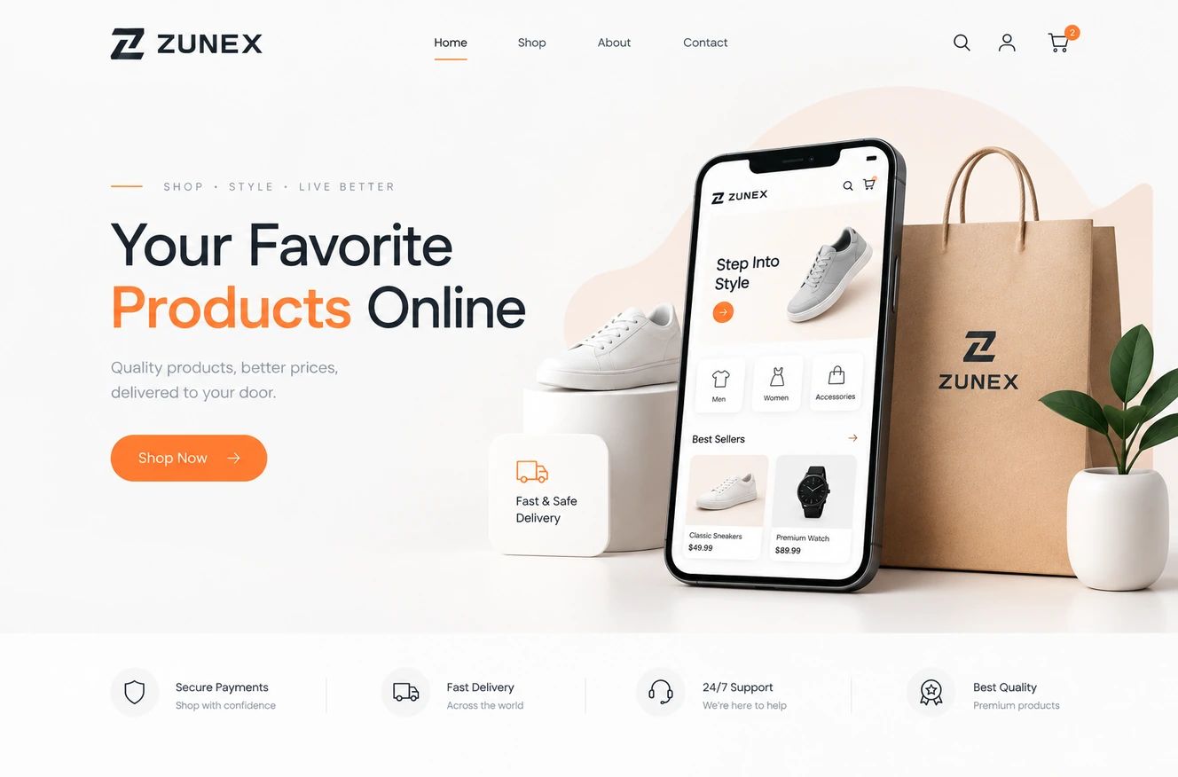 ZUNEX Modern E-Commerce: a clean, responsive online shopping experience with bold typography.