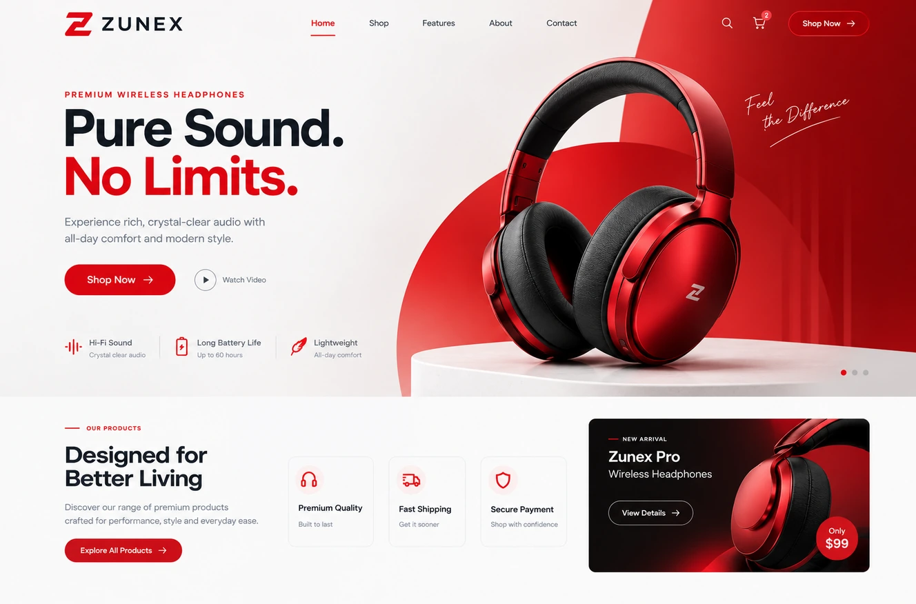 Zunex Pure Sound Headphones: an audio product landing page with dynamic layout and product photography.