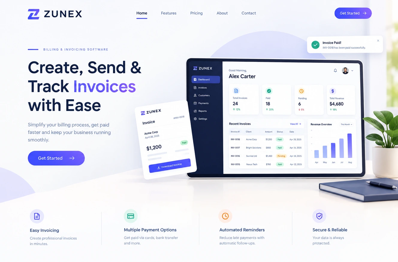 Zunex Billing Dashboard: an analytics and subscription billing management overview.