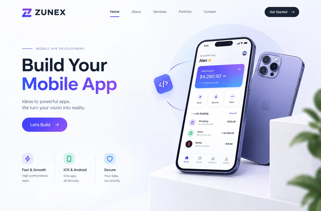 Mobile App Development: a modern iOS and Android application showcase and interface system.