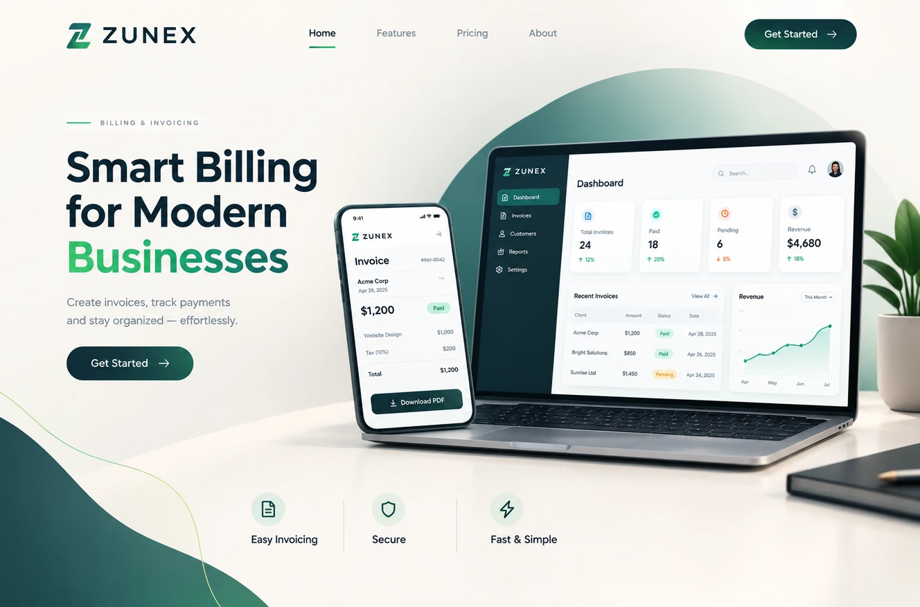 Modern Billing Dashboard: an executive financial SaaS platform with data visualization.